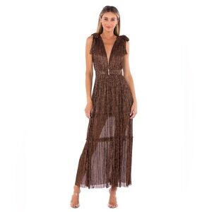 NWOT Sabina Musayev Helena Metallic Tiered Maxi Dress in Bronze Size Small